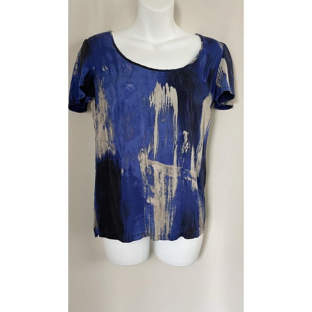 Banana Republic Blouse Womenn Blue Colorblock Short Sleeve Silk Stretch SZ XS